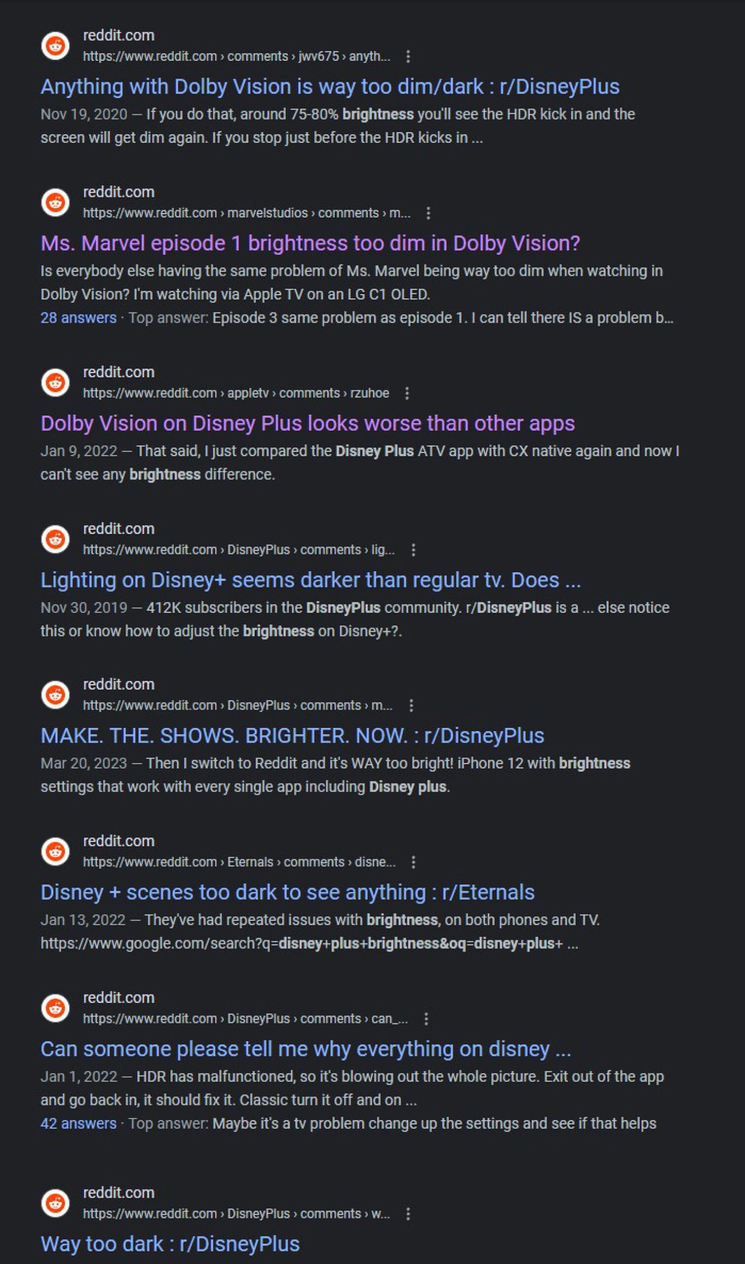 Screenshot showing several Google search results with reddit posts complaining about the brightness on Disney Plus.