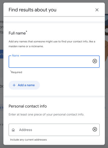 A screenshot of the Results About You contact information form, with entry fields for name, address, email, and phone number.