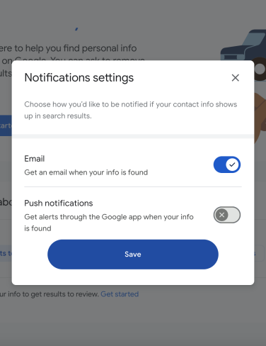 A screenshot of the Results About You notification settings.